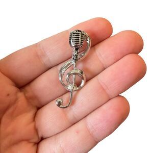 Vintage Jewelry Silver Tone Music Note Microphone Brooch Music Pin Jazz Club Pin